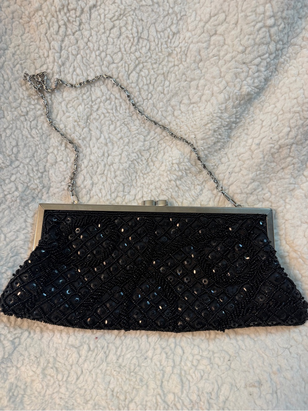 Vintage Black Beaded Evening Clutch with Chain Strap